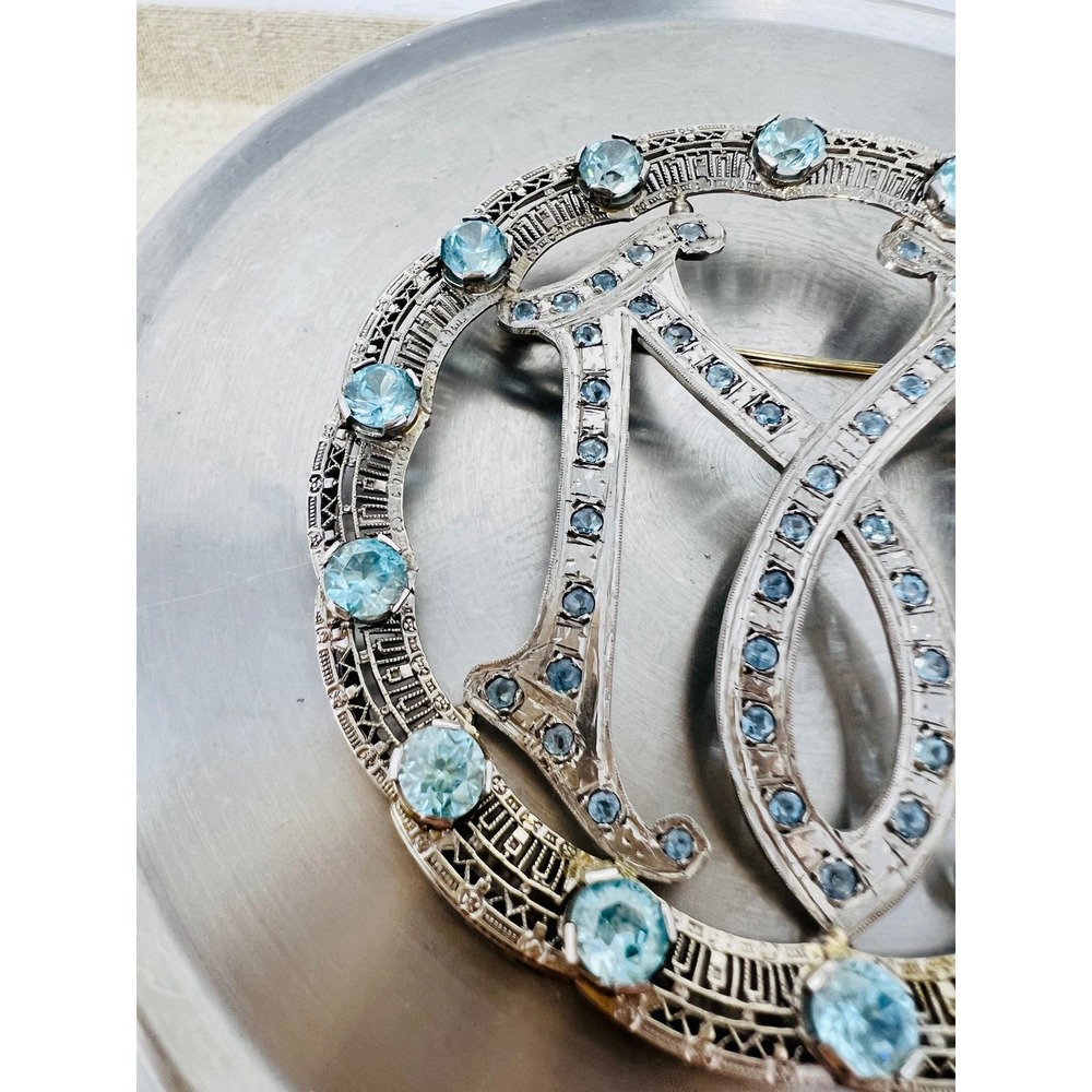Art Deco 14k White Gold Frame Blue Stone Filigree Design Monogram "M" Brooch - Picture 6 of 13